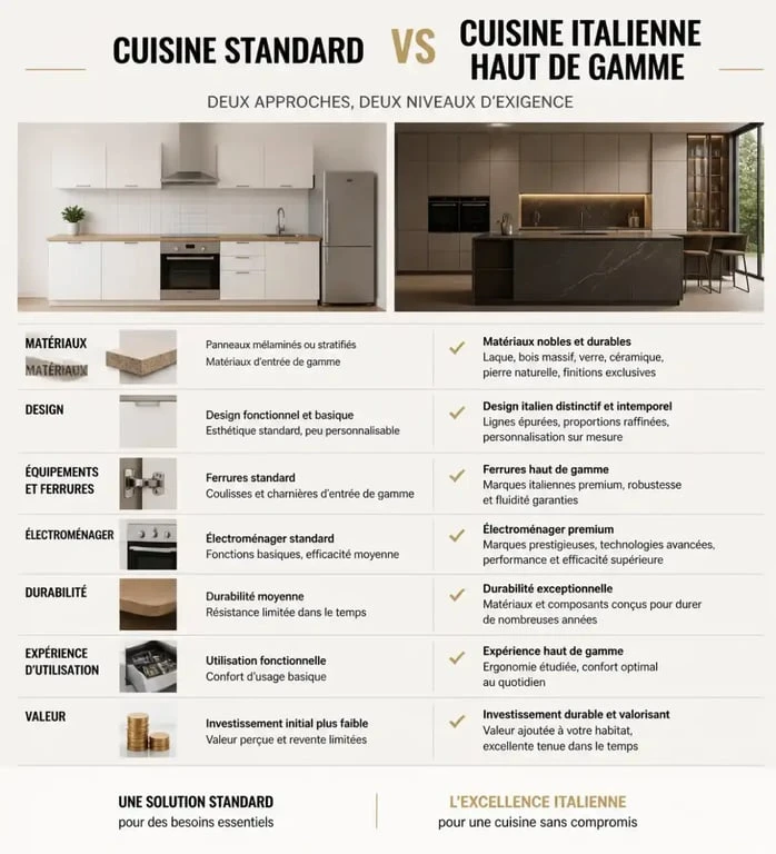 Comparatif entre cuisine standard et cuisine italienne haut de gamme