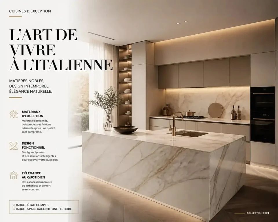 Cuisine italienne haut de gamme avec îlot central en marbre et design luxueux