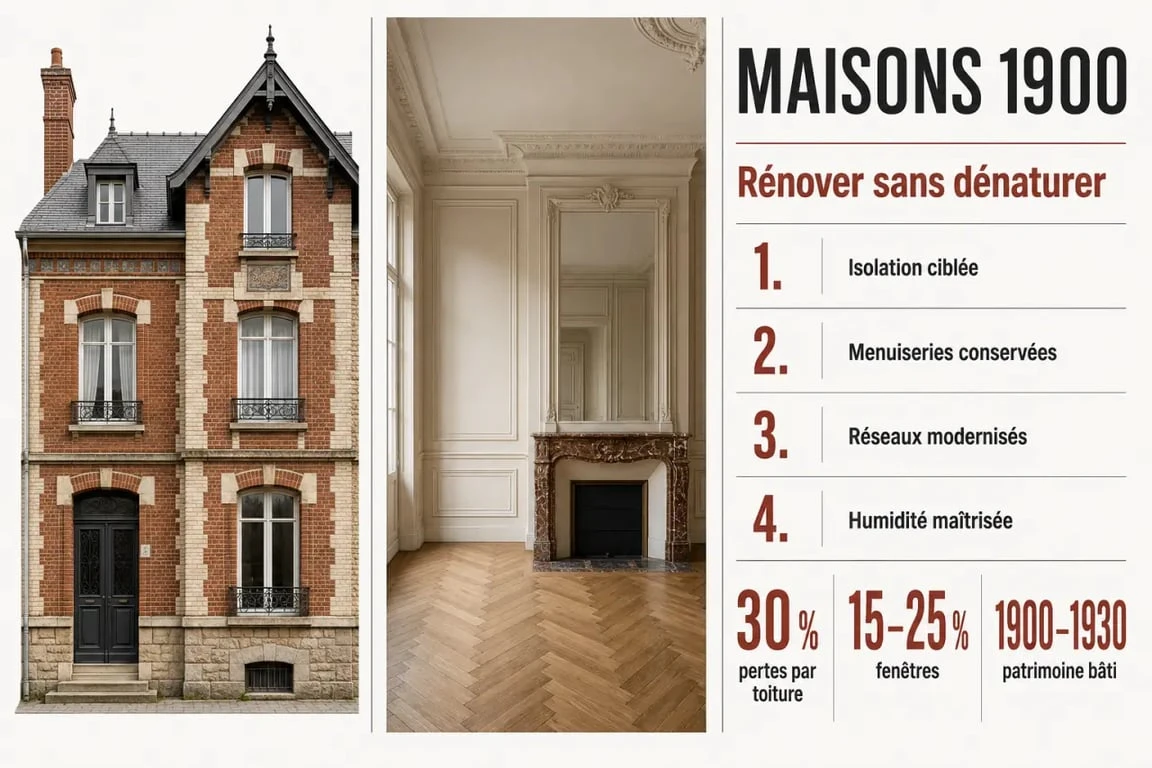 Maisons 1900 : visuel éditorial des signes à reconnaître et des priorités de rénovation