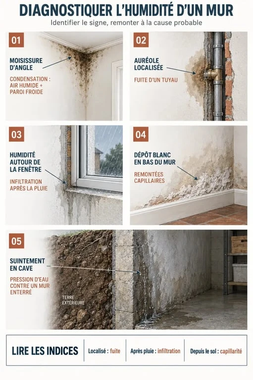 Infographie de diagnostic de l’humidité sur un mur selon les signes visibles