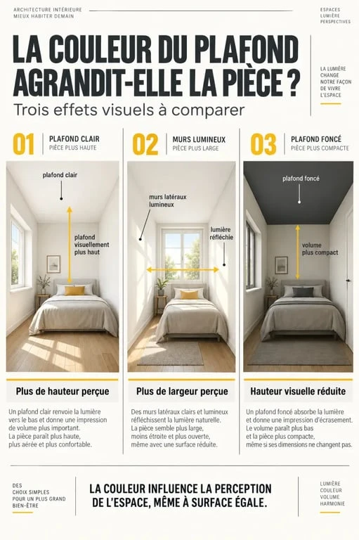 Couleur plafond pour agrandir une pièce : effets d’un plafond clair ou foncé sur la hauteur et la largeur visuelles