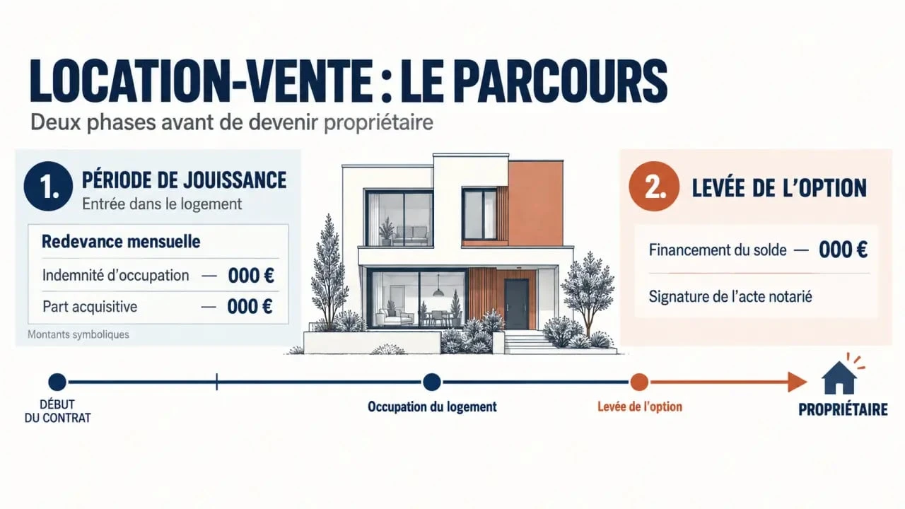 Schéma expliquant comment fonctionne une location vente immobilière, de la redevance à la levée de l’option d’achat