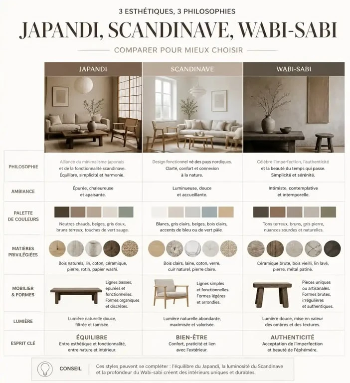 Comparatif des styles de décoration : Japandi vs Scandinave vs Wabi-sabi