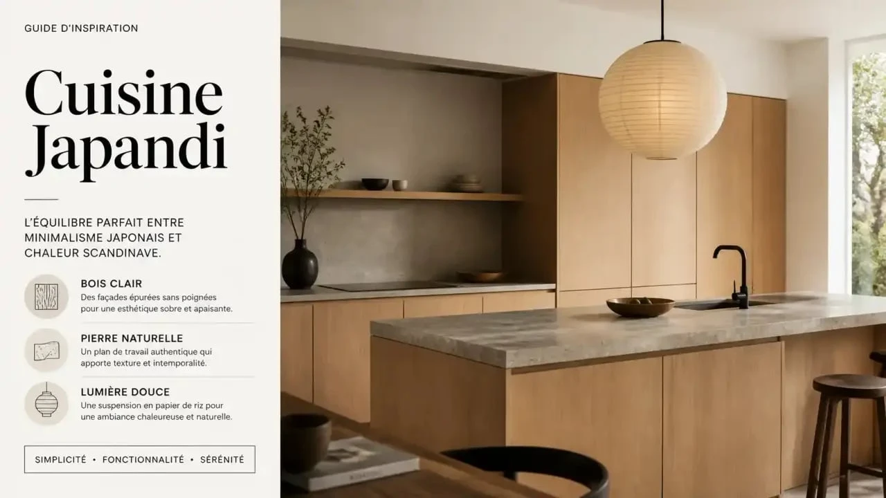 Cuisine Japandi avec façades en bois clair et design minimaliste