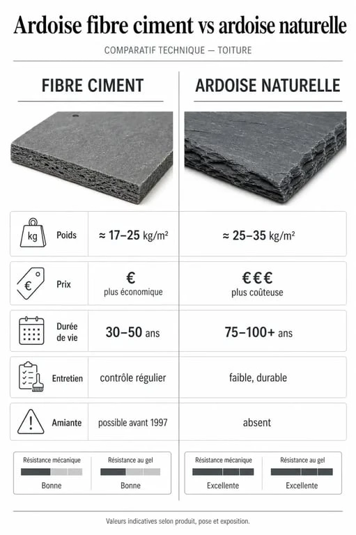 Comparatif ardoise fibre ciment et ardoise naturelle sur poids, prix, durée de vie, entretien et amiante