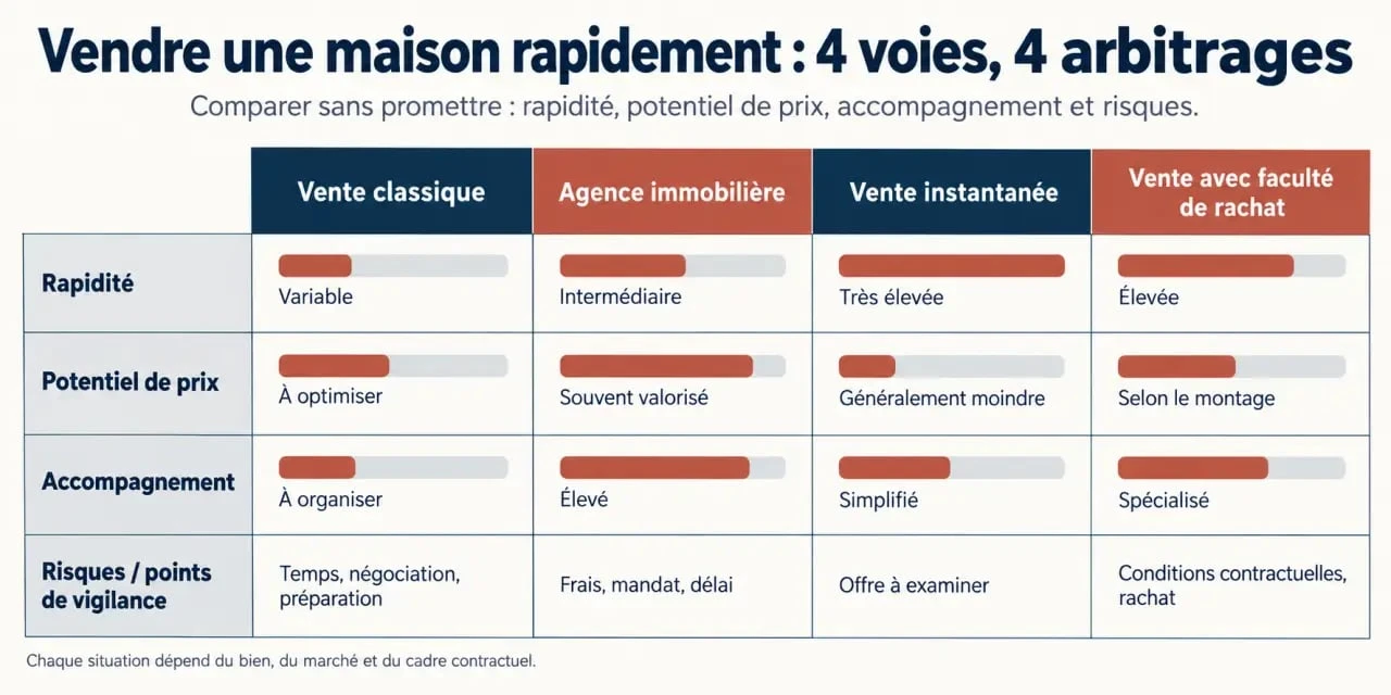 Vendre sa maison rapidement : comparaison visuelle des solutions de vente