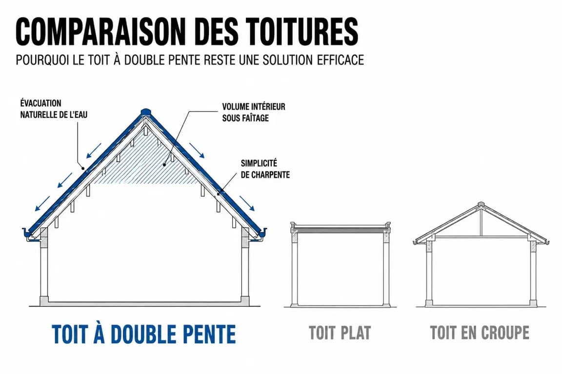 Toit à double pente comparé au toit plat et au toit en croupe dans un schéma éditorial