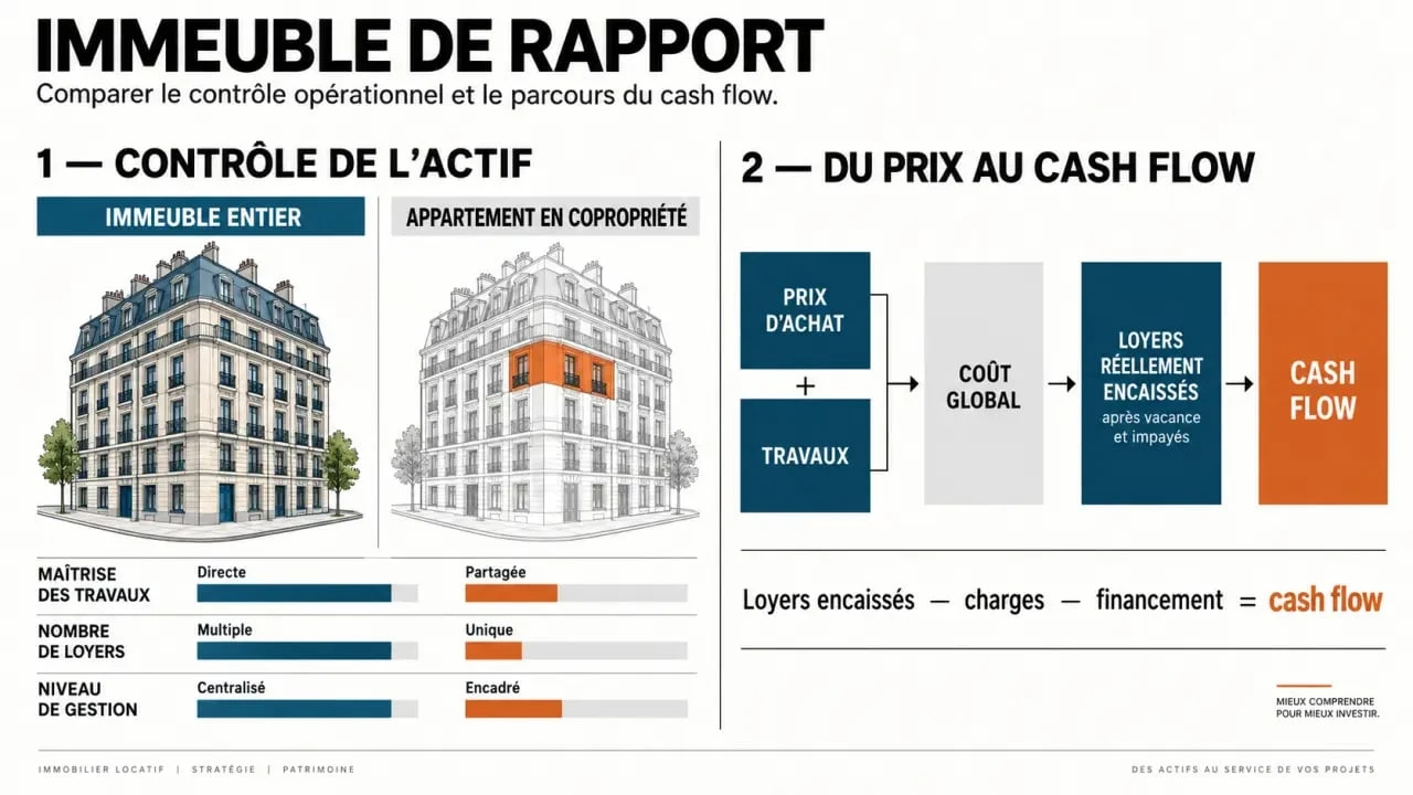 Infographie pour acheter un immeuble : comparaison entre immeuble entier, copropriété et cash flow locatif