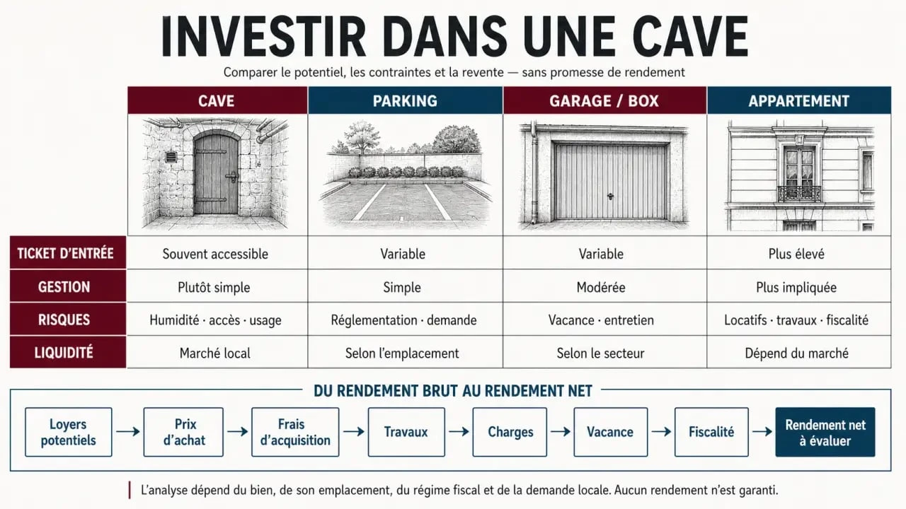 Infographie sur l’investissement cave et le calcul du rendement net