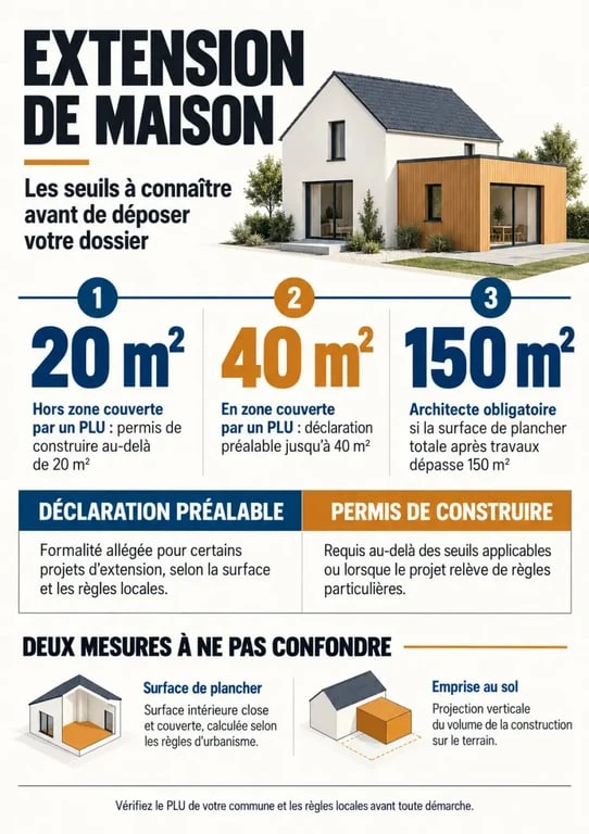 Infographie sur l'extension maison architecte et les seuils de surface, permis de construire et déclaration préalable