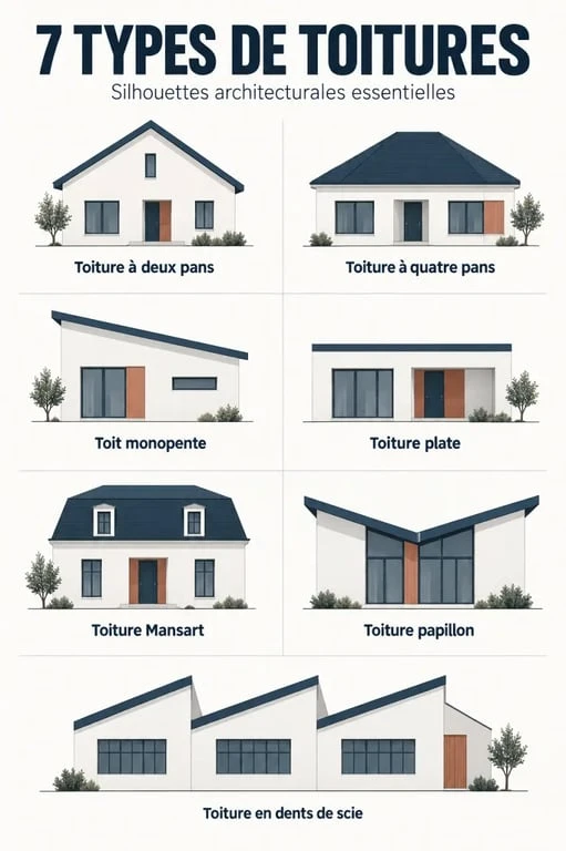 Les principaux types de toit : toiture à deux pans, quatre pans, monopente, plate, Mansart et papillon