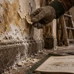 Humidite sur un mur : salpetre et cloques d’enduit près d’une plinthe