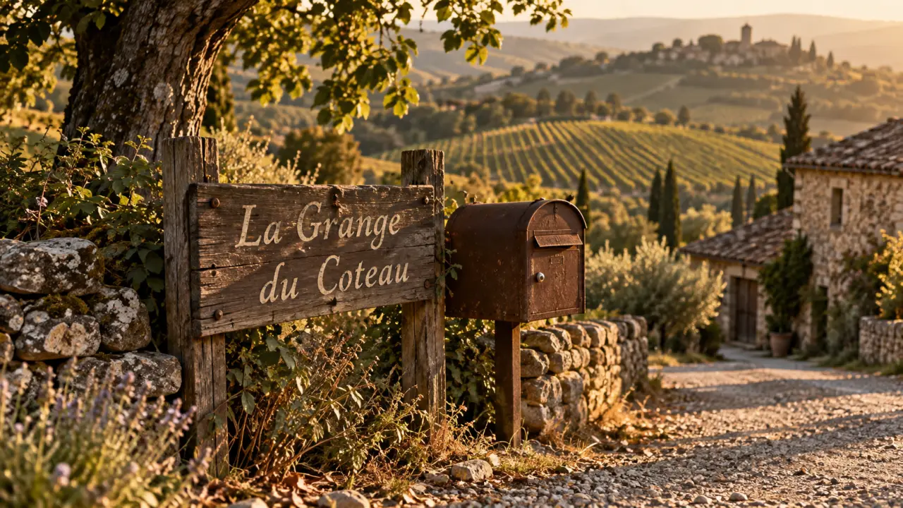 Nom de maison campagne : La Grange du Coteau, boîte aux lettres et panneau en bois