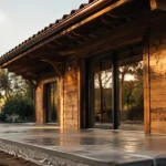 Toit à double pente, maison en bois avec tuiles et gouttière