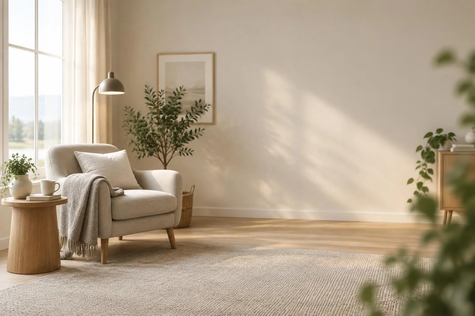 Coin détente serein : fauteuil, lumière chaude & calme