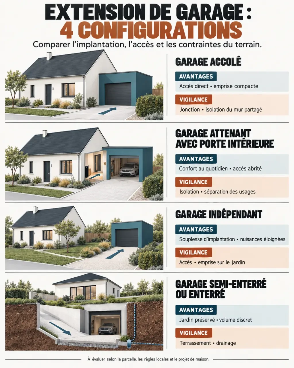 Infographie des configurations d’une extension garage maison : accolé, attenant, indépendant et enterré