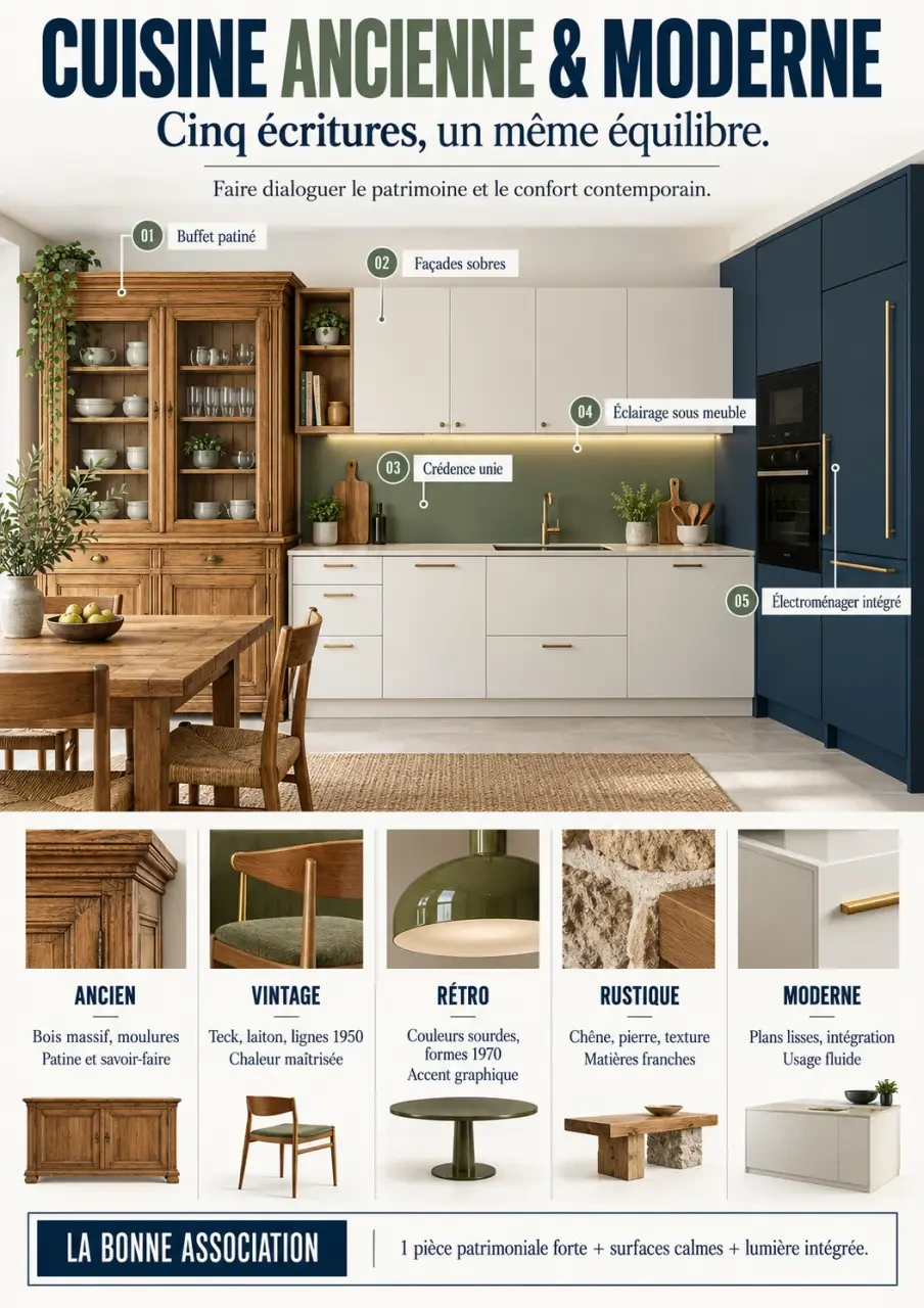 Infographie cuisine ancienne et moderne : styles vintage, rétro, rustique et contemporain associés